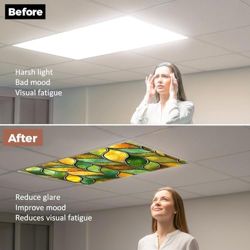 6 Pcs Fluorescent Light Covers for Ceiling Lights Stained glass seamless texture leaf for window colored glass 3d Magnetic Decorative Shade Filters 4x2 ft for Classroom Office Hospital Decor - Image 3