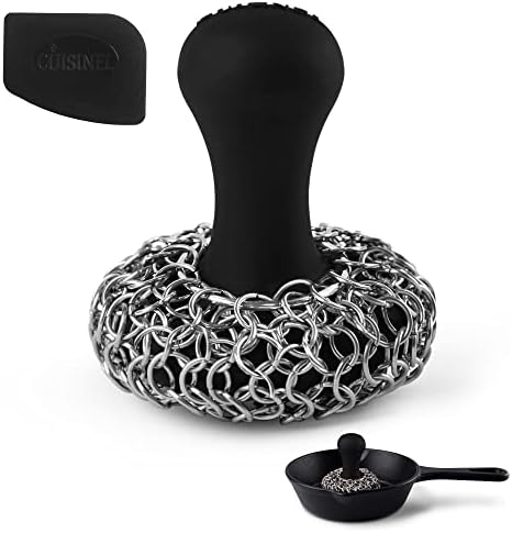 Cuisinel Cast Iron Chainmail Scrubber + Pan Scraper - Ergonomic Design Stainless/Silicone Cleaner for Pots & Skillets - Easy to Clean, Dishwasher Safe, Cookware Sponge Accessory by Cuisinel