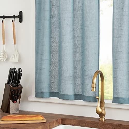 jinchan Kitchen Curtains and Valances Set 3 Pieces Linen Tiers and Valance 24 Inch Cafe Curtains with Valance Rod Pocket Farmhouse Small Drapes Set Rustic Country for Laundry Room Bathroom Blue - Image 3