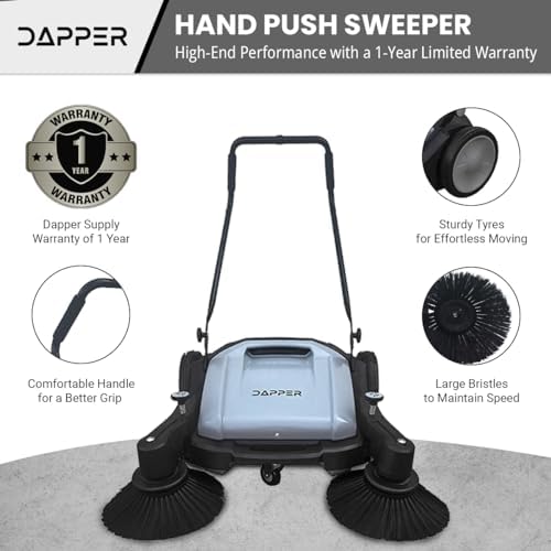 Dapper Supply Walk-Behind Outdoor Hand Push Floor Sweeper - 10.5 Gallon Capacity - 36" Sweeping Width - Sweeps up to 39,500 ft/Hour, Grey - Image 6