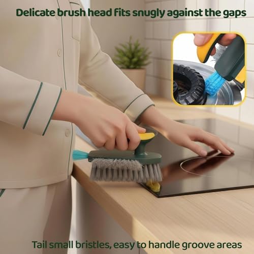 Multifunctional Tile Grout Cleaning Brush with V-Shaped Bristles, 180° Rotating Head, Rubber Wiper Strip, Green and Yellow - Image 5