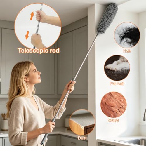 15 PCS Feather Dusters for Cleaning, Microfiber Duster with Extension Pole 100in, Extendable Duster for High Ceilings, Ceiling Fans, Baseboards, Blinds, Car Interior - Washable Reusable Dusting Tools - Image 6