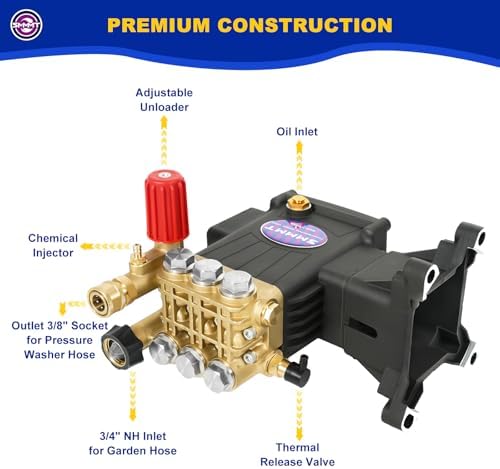 Pressure Washer Pump Max 4400 PSI 4 GPM, 1" Shaft Horizontal Gas Power Washer Pump Replacement, Direct Drive Triplex Plunger Replacement Pump with Pressure Adjustment Unloader - Image 4