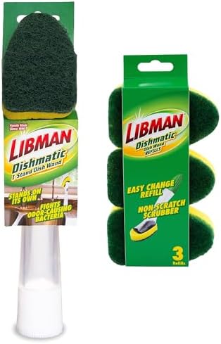 Libman Dishmatic I-Stand Dish Wand Kit, Scrub Brush, 3 Sponge Refills by TheLibmanCompany