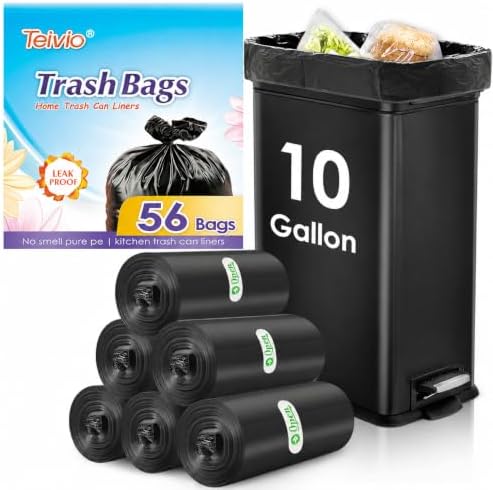 Teivio Medium Black Trash Bags 10 Gallon 56 Count Kitchen Garbage Bags by Teivio