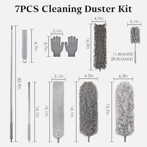 Microfiber Feather Duster Kit with Extension Pole, 7 PCS Washable Reusable Duster for Cleaning, 100'' Bendable Extendable Long Duster with Stainless Steel Pole for High Ceilings, Fans, Furniture & Car - Image 3