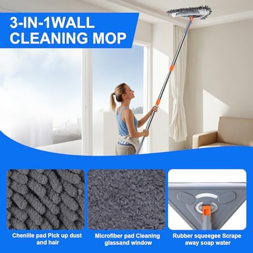 Wall Mop with 80 Inches Long Handle, Wall Cleaner Mop Tool for Window/Walls/Ceiling Fans/Dust/Baseboard/Floors Clean, 360° Ceilings Cleaner Tool Duster with Squeegee 6 Replacement Pads - Image 2