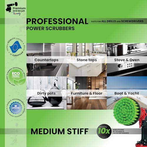 Premium Drill Brush Professional – Medium-Stiff 5 in Green Set of 3 | Scratch-Free Kitchen Cleaning Brush for Ovens, Hobs, Worktops, Floor Tiles, Linoleum and Greasy Cookware - Image 2