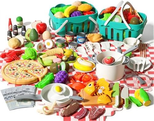 150Pcs Kitchen Playset, Toddlers Pretend Cooking Cookware Accessories, Food, Picnic Blanket, Fruits, Veges, 2Pack Shopping Storage Basket, Dessert and Prop Money, Gift for Kids (White) by JOKERKING