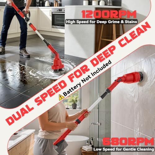 NATBEESY 2 in 1 Electric Spin Scrubber Compatible with Milwaukee 18V Battery (Tool Only), Dual Head Power Scrubber, 680/1200 RPM, 45° Adjustable Head, Extendable Handle for Tile, Tub, Floor & Bathroom - Image 4