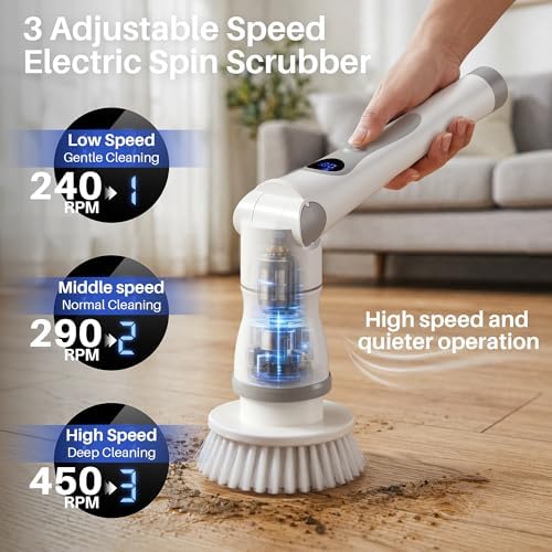 JOYMOOP Electric Spin Scrubber, 450 RPM Cordless Cleaning Brush with Power LCD Display, 9 Brush Heads Waterproof Power Scrubber with 90-Min Runtime, Adjustable Long Handle for Bathtub, Floor, Kitchen - Image 3