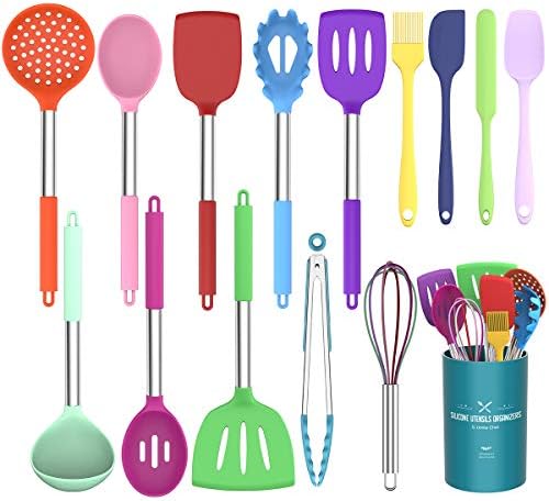 Umite Chef Kitchen Utensils Set, 15 pcs Silicone Cooking Kitchen Utensils Set, Non-stick Silicone Stainless Steel Handle Turner Spatula Spoon Tongs Whisk Cookware - Colorful by UmiteChef