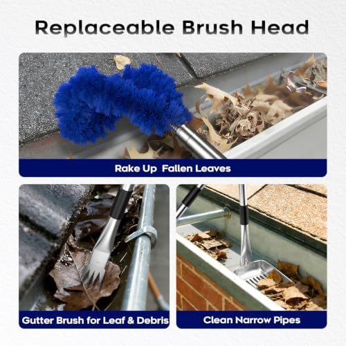 13ft Gutter Cleaning Tools From the Ground, No Ladder Needed, 3-in-1 Gutter Cleaner Pole with Replaceable Brush Rake Scoop, 180° Adjustable Angle for Leaves & Debris Cleaning with Grip Tapes, Blue - Image 4