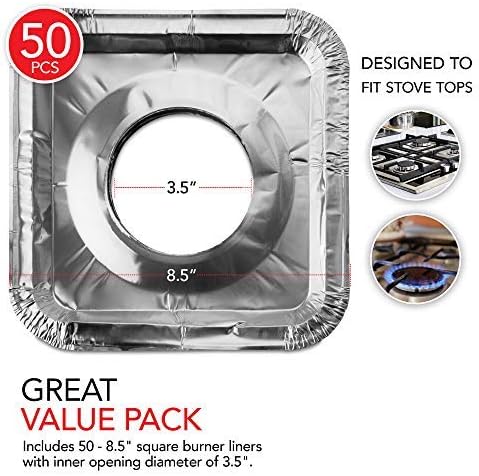 Disposable Gas Burner Liners (50 Pack) Aluminum Foil Square Gas Stove Burner Covers - 8.5 Inch Gas Range Protector, Stove Top Covers for Gas Burners, Foil Liners to Catch Oil, Grease, and Food Spills - Image 2