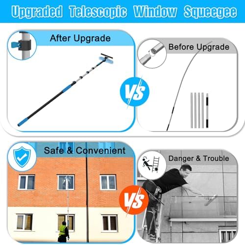30FT Reach Window Squeegee Kit with Extension Pole, 2-in-1 Professional Washer for High Windows, 5-24FT Adjustable Reach, Rotatable Head for Indoor & Outdoor Use, Streak-Free Cleaning Tool for Home - Image 6