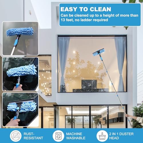 High Reach Duster Kit with14 ft Extension Pole High Ceiling Dusting and Window Cleaning Kit with Spliceable Pole - Cobweb Duster, Fan Blade, Window Washer & Squeegee and Feather Dusters - Image 6