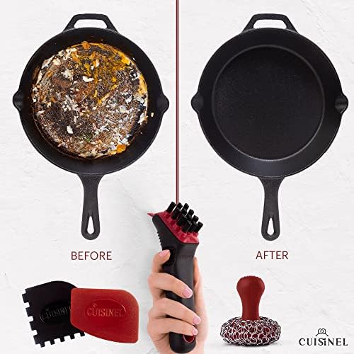 Cuisinel Cast Iron Chain Mail Scrubber + Cleaning Brush + Pan & Grill Scrapers - The Ultimate Skillet and Grill Cleaner Kit - Soft-Touch Confident-Grip Dish Scrub Tool - Silicone/Stainless Accessories - Image 2