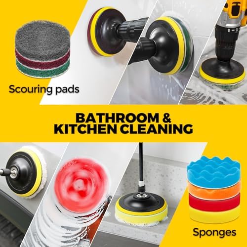 Holikme 22Pack Drill Brush Attachments Set, Scrub Pads & Sponge, Buffing Pads, Power Scrubber Brush, Car Polishing Pad Kit,Wax Applicator Pad,Car Cleaning Kit,Cleaning Supplies,Masonry Brushes,White - Image 3