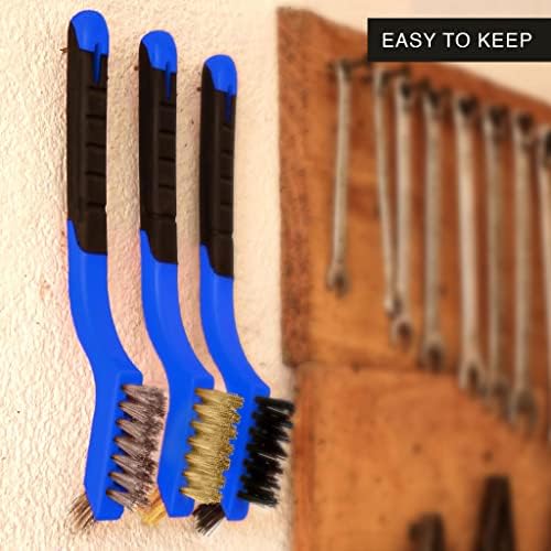Lavaxon Wire Brush Set 3Pcs - Nylon/Brass/Stainless Steel Bristles with Curved Handle Grip for Rust, Dirt & Paint Scrubbing with Deep Cleaning – 7 Inches (Blue) - Image 6
