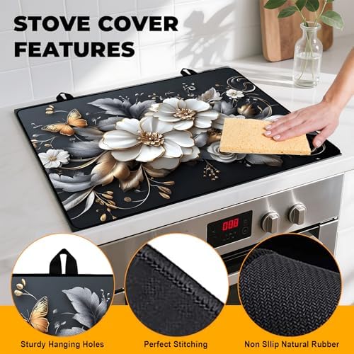 White flower Stove Top Cover Retro Flower Gas Stove Top Cover for Home Decoration Kitchen Pad Non-Stick Washable Cooktop Covers Countertop Protector Keep Stove Clean 28"x20" - Image 2