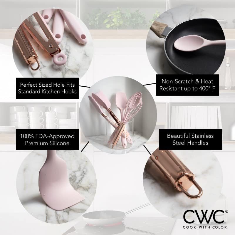 COOK WITH COLOR Silicone Cooking Utensils, Kitchen Utensil Set, Easy to Clean Silicone Kitchen Utensils, Cooking Utensils for Nonstick Cookware, Kitchen Gadgets Set, Standard, Pink - Image 6