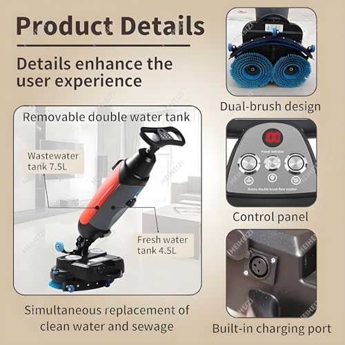 17" Commercial Floor Scrubber Machine with Double Brush Disc Battery-Powered Multi-Functional Floor Buffer Machine 360°Rotation,13000 sqft,360RPM Motor,1-Gal Clean Tank Gray - Image 6