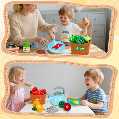 90Pcs Kitchen Playset Accessories, Pretend Cooking with Pots, Pans, Cookware, Food, Fruit, Veges, Color Sorting Baskets, Prop Money, Learning Gift for Girls Boys Toddlers (Turquoise) - Image 6