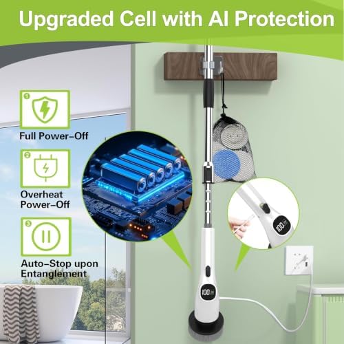 WKY-Electric Spin Scrubber - 10-in-1 Cordless Shower Scrubber & Cleaning Brush with Extendable Handle, 42 in-lbs Ultra High Torque, 2 Speeds, IPX7, LED Display, Smart AI Chip, for Bathroom, Kitchen - Image 4