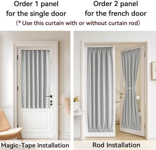 Vatge Privacy French Door Curtain - Thermal Insulated Self Adhesive Blackout Door Curtains with Tieback, 1 Panel, W25 x L54, Silver Grey - Image 4