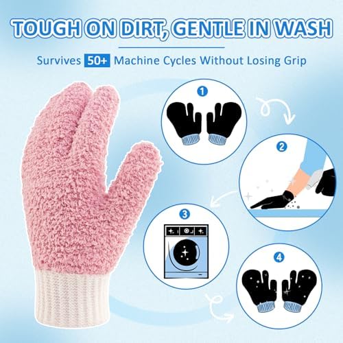 MIG4U Microfiber Dusting Gloves House Cleaning Glove for Blinds, Windows, Shutters, Furniture, and Car, Reusable Lint-Free Pink 2 Pairs S/M - Image 3