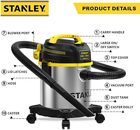 STANLEY 3 Gallon Wet Dry Vacuum, Powerful 4 Peak HP Motor, Portable Stainless Steel 3 in 1 Multifunctional Shop Vacuum with Blower, Model: SL18136 - Image 2