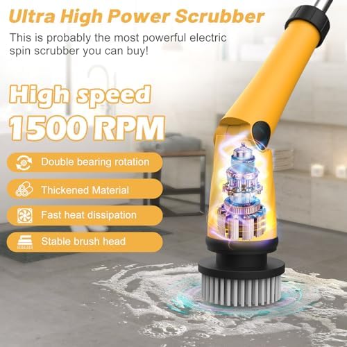 Qimedo 1500 RPM Electric Spin Scrubber with Two Batteries Q2 Pro, Cordless Battery Powered Shower Scrubber,Electric Tile Floor Scrubber with Display for Grout/Tile/Tub (Effortless Handle/8 Brushes) - Image 2