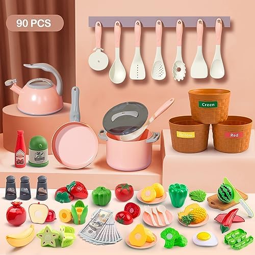 90Pcs Kitchen Playset Accessories, Pretend Cooking with Pots, Pans, Cookware, Food, Fruit, Veges, Color Sorting Baskets, Prop Money, Learning Gift for Girls Boys Toddlers (Pink) - Image 2