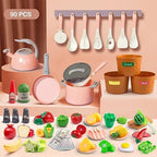 90Pcs Kitchen Playset Accessories, Pretend Cooking with Pots, Pans, Cookware, Food, Fruit, Veges, Color Sorting Baskets, Prop Money, Learning Gift for Girls Boys Toddlers (Pink) - Image 2