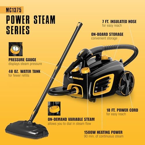 McCulloch MC1375 Canister Steam Cleaner, 90 Min Runtime, 20 Accessories - Image 4