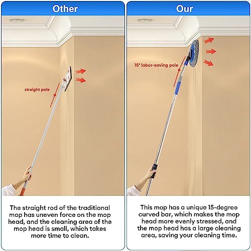 Wall Cleaner, Max 66'' Wall Mop with Long Handle, Ceiling Dust Mop with 15° Labor-Saving Elbow Extension Pole, Baseboard Duster Washer Scrubber, High Reach Window Cleaning Brush, Roof Cleaning Tool-GY - Image 4