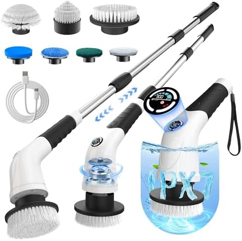 Electric Spin Scrubber, Cordless Cleaning Brush with 180 Min Runtime, 3-Speed, 7 Replaceable Brush Heads & Long Detachable Handle, LCD Display (RPM/Torque/Battery), for Bathroom, Kitchen, Tile by Unknown