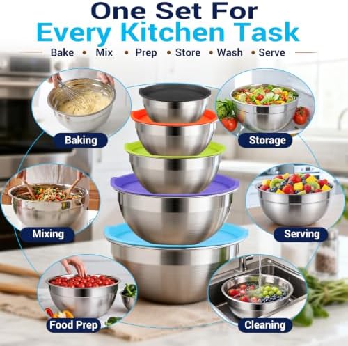 WEPSEN Mixing Bowls with Lid Set, 25PCS Kitchen Utensils Metal Bowl Stainless Steel Nesting Bowls, Measuring Cups and Spoons, Egg Whisk for Baking Prepping Cooking Serving Supplies - Image 6