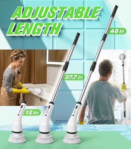 Electric Spin Scrubber, 3-Speed Flat End Brush with 8 Brush Heads & Base, Adjustable Long Handle, Digital Display, 2500mAh Fast Charging, for Bathroom, Tub, Tile, Floor（White - Image 3