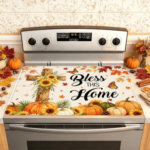 Bless This Home Stove Top Cover for Electric Stove 28" x 20", Christian Cross Glass Cooktop Protector, Sunflower Pumpkin Stove Cover, Rubber Countertop Mat, Thanksgiving Farmhouse Kitchen Decor by Unknown