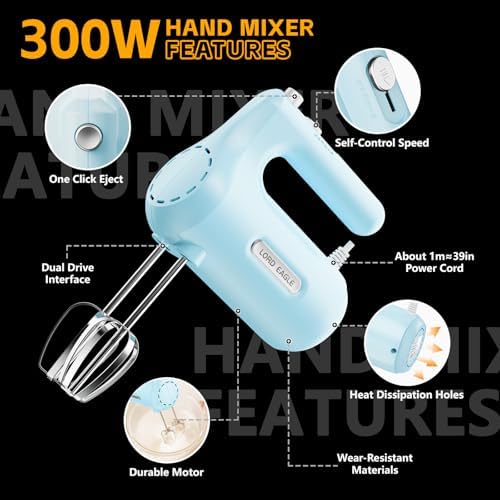 Lord Eagle 5-Speed Small Hand Mixer Electric, 300W Compact Portable, Blue - Image 7