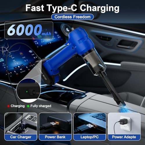 Vinid Handheld Car Vacuum Cleaner, 12000Pa Cordless Wet/Dry Vacuum & Air Blower, with Safety Hammer & Seatbelt Cutter, 80W 6000mAh Battery, HEPA Filter, Type-C Charging for Car Home Emergency, Blue - Image 4