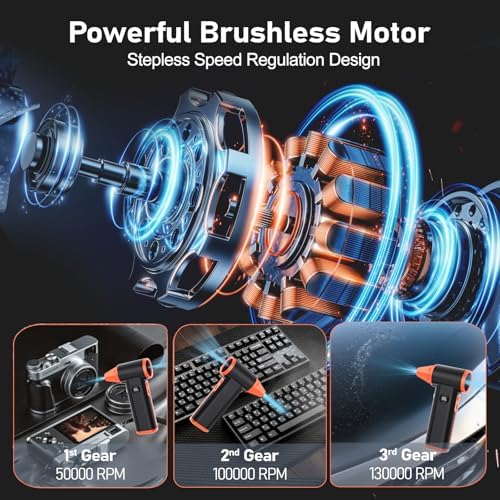 Compressed Air Duster Rechargeable Electric Air Duster for PC Keyboard Mini Dust Blower 130000RPM Cordless Air Blower Jet Dryer Turbo Fan Handheld Blower for Car Home Office, Black-Orange - Image 3