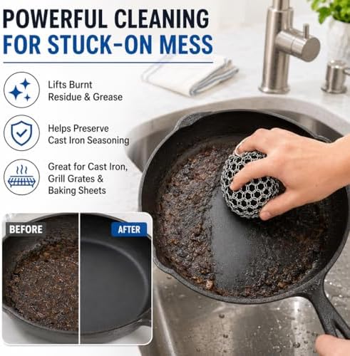 Cast Iron Scrubber Chainmail Set – 316 Stainless Steel Dish Scrub Brush for Cast Iron Skillet Pan Cleaner, Dutch Oven, Wok & Non-Stick Cookware | Dishwasher Safe – Black Double Ring - Image 2