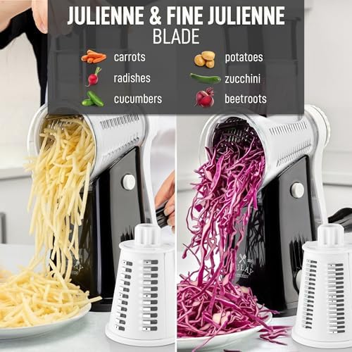 Rotary Cheese Grater Manual Hand Crank 5 Blade Shredder, White & Black - Image 6