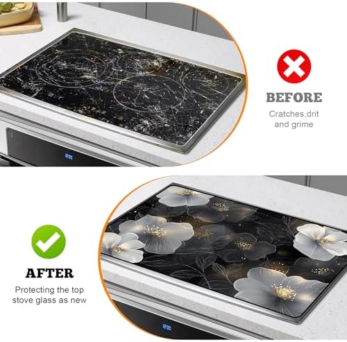 Multi-Design Stove Top Cover for Glass/Electric Stoves - 3-in-1 Heat-Resistant Protector Mat, Non-Slip Drying Rack 28"x20" (White Flowers, 28" L x 20" W) - Image 5