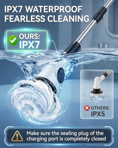Electric Spin Scrubber, 3-Speed Shower Scrubber with Long Handle & 10 Replaceable Brush Heads, Cordless Shower Cleaner Brush with 90 Mins Runtime & Full-Body IPX7 Waterproof for Bathroom Kitchen - Image 6