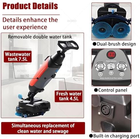 Commercial Walk Behind Floor Scrubber, Portable, 2x250W Brush Power, Dual 4L+7L Tanks, 1200㎡/h Coverage, for Home Office (Grey) - Image 3
