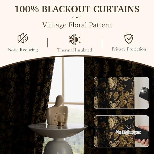 StangH Gold 100% Blackout Retro Floral Velvet Curtains 96 Inch 2 Panels - Image 5