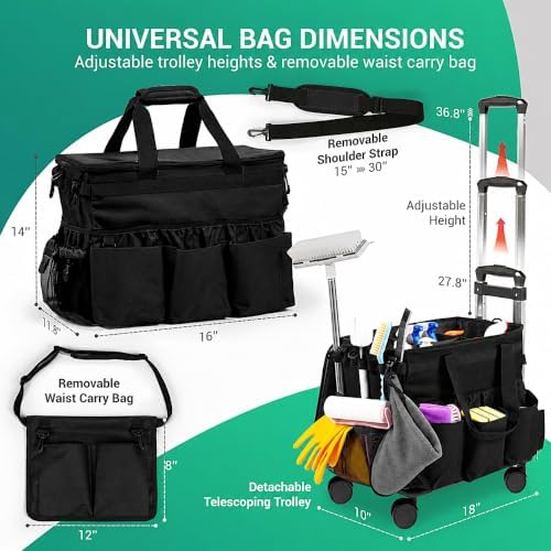 Rolling Cleaning Caddy Bag w/Detachable Trolley & Lid (Black) - Image 2